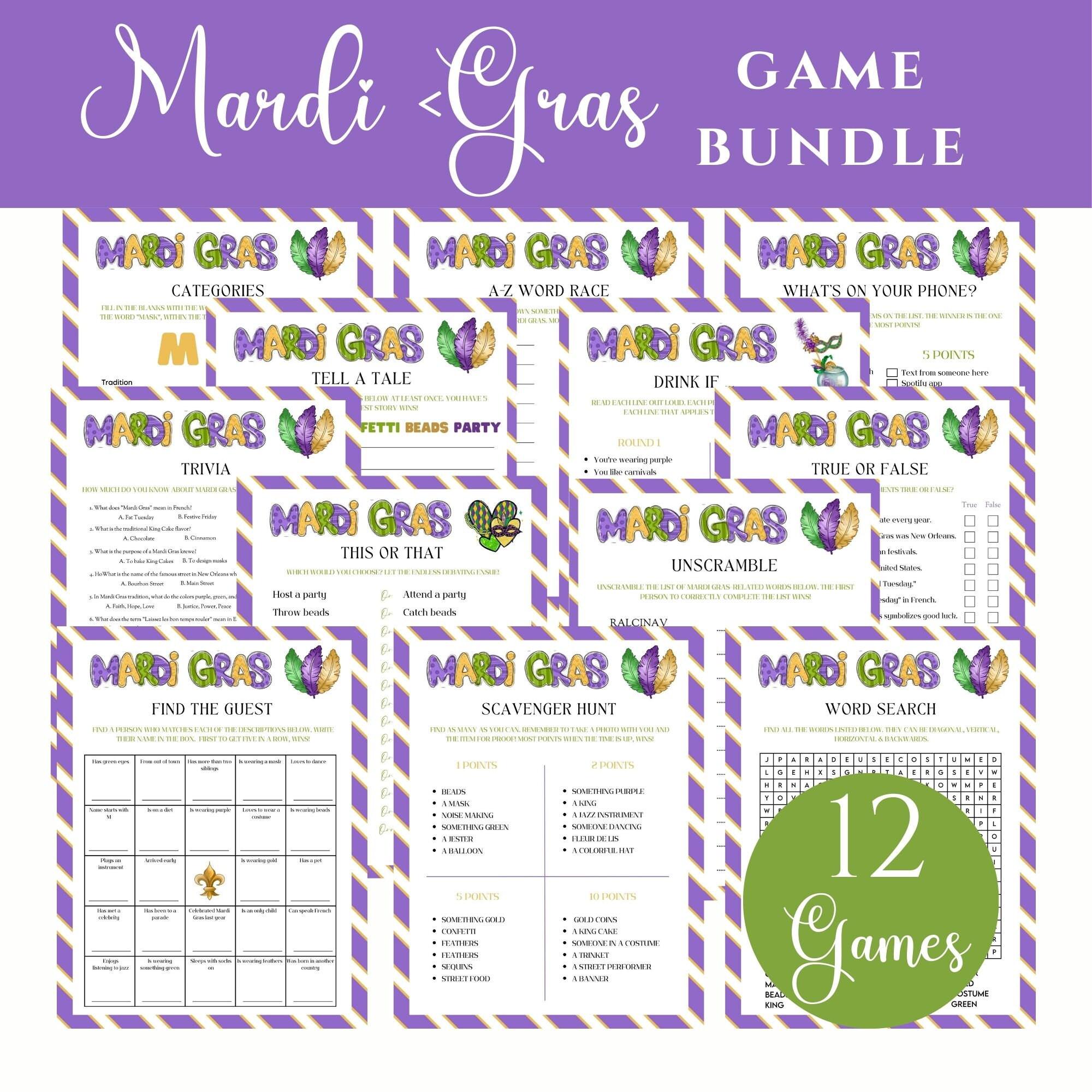 Mardi Gras Party Games, Game Bundle, Quiz, Questions, New Orleans Carnival Fun Easy Activity, Family Kids Adults, Fat Tuesday, Game Pack