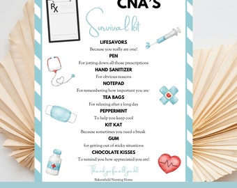 CNA Survival Kit Printable, National Nursing Assistant Day, Thank You Gift Basket Idea, Editable, CNA Appreciation Week, Medical Staff Tag