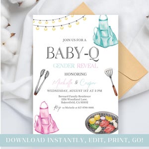 Faire-part révéler le sexe de bébé Q, carte modifiable, invitation fille garçon, fête de baby shower, bleu rose, réunion de grillades en plein air dans la cour, barbecue he she