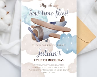 Airplane Birthday Invitation: Vintage Aviation, Clouds Party (Digital Download)