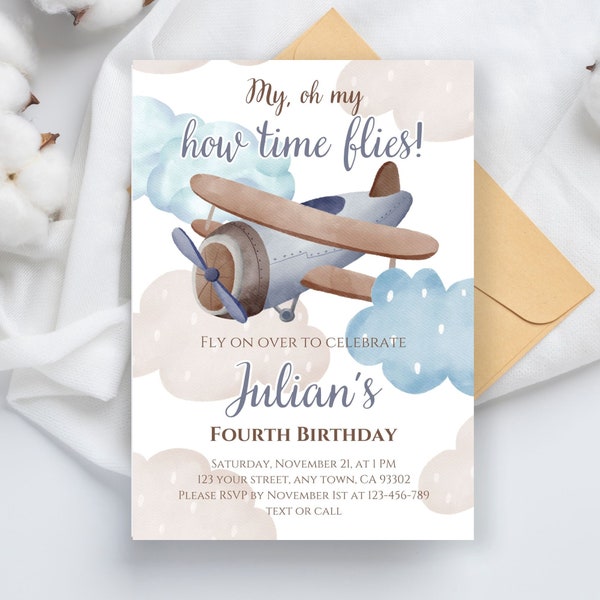 Airplane Birthday Invitation Boy, Fourth 4th Blue Beige Brown, How Time Flies, Editable Boho Vintage Invite Kids Aviation Clouds Party