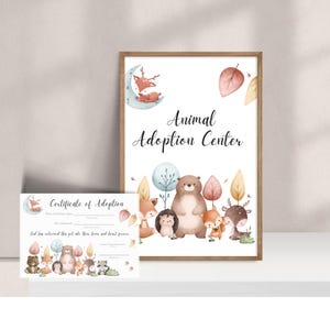 Cartello e certificato ADOTTA UN ANIMALE, gioco stampabile, bomboniera per festa di compleanno a tema bosco, adozione di animali domestici, diploma di animale di peluche, contratto