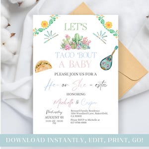 Let's Taco Bout A baby gender Reveal uitnodiging, bewerkbare kaart, uitnodiging meisje jongen, babyshowerfeestje, fiesta, he og she esta, Mexicaans thema