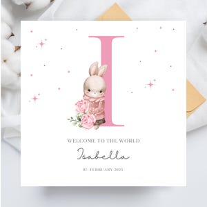 Personalisierte neue Babykarte, Kaninchen-Häschenkarte für Neugeborenen-Babyankündigung, Name Initial I Note, bearbeitbare Vorlage Canva, Custom Print
