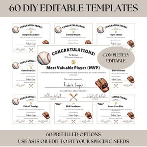 Baseball-Preisbescheinigungen, Zertifikate für die Kinderpreiszeremonie, Bankett zum Saisonende, Sportteam Mom Printables, bearbeitbare Canva-Vorlage