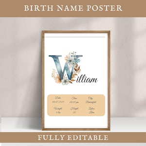 Póster personalizado editable con nombre, letra W, decoración infantil, letrero, impresión de estadísticas de nacimiento para niña y niño, arte mural para habitación infantil, idea de regalo para baby shower