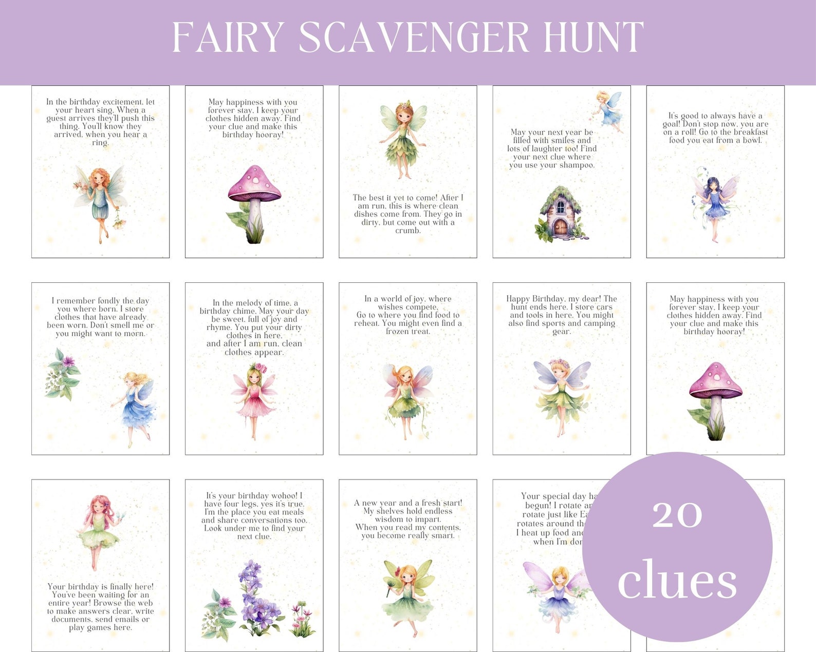 Fairy Birthday Scavenger Hunt Game: Printable Treasure Clues (instant ...