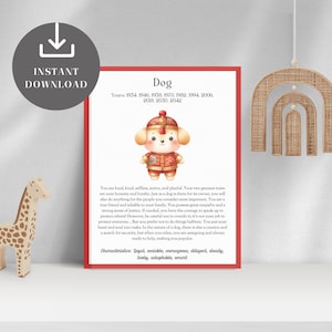 Plakat ze znakiem zodiaku psa dla dzieci, opis chińskiego noworocznego zodiaku, sztuka ścienna do pokoju dziecięcego, wystrój pokoju dziecięcego, pomysł na prezent na baby shower