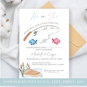 Invitación para revelar el género de un pez, tarjeta editable, invitación para pez él o pez ella, niña o niño, baby shower, fiesta de embarazo, digital imprimible