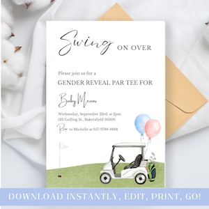 Faire-part de révélation de sexe de golf, invitation fille ou garçon modifiable, douche pour couples mixtes, téléchargement numérique, douche en tee, petit putter, lui ou elle