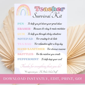 Lehrer-Survival-Kit zum Ausdrucken, Geschenk für Lehrer zum Schulanfang, Pta, Wertschätzung für den Schulanfang, Dankeschön-Geschenkidee, bearbeitbare Vorlage