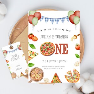 Eerste verjaardagsuitnodiging jongen pizza, verjaardagsuitnodiging, bewerkbare sjabloon Canva, 1st Turning One afdrukbare Kids Pizza Slice Party, Italiaans thema