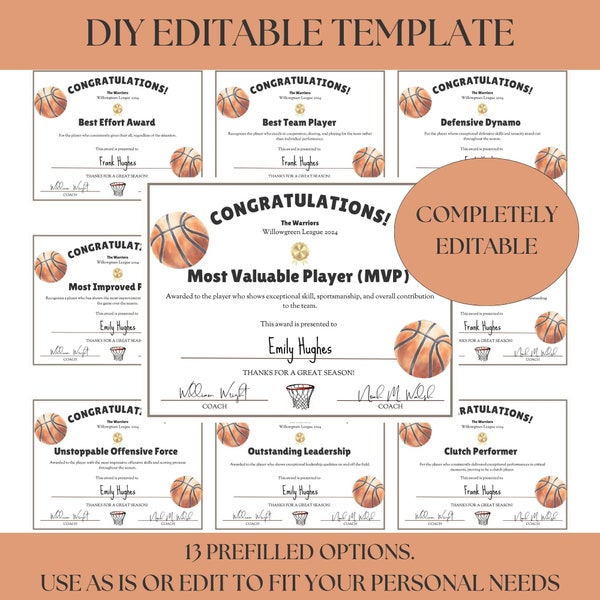 Basketball Award Certificates, Award Ceremony Certificates, End of Season Banquet, Basketball Team Party Printables, Editable Canva Template