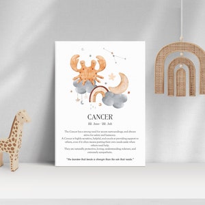 Plakat ze znakiem zodiaku Rak dla dzieci, cytat i opis znaku zodiaku, sztuka ścienna boho do pokoju dziecięcego, wystrój pokoju dziecięcego, pomysł na prezent na baby shower