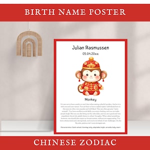 Lunar Jahr des Affen, Geburtsname Poster, Chinesisches Neujahr, Kinder Sternzeichen, Wandkunst für Kinderzimmer, Kinderzimmer Dekor, Bearbeitbar