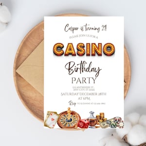 Convite para festa de aniversário de 21 anos no cassino, convite para noite de jogo de pôquer, cartão de evento festivo, reunião de aniversário editável, roleta de cartas