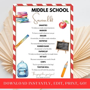 Trousse de survie pour collège à imprimer, rentrée des classes, cadeau pour enseignant, APE pour la rentrée, idée cadeau de remerciement pour prise de force, modifiable, élève porte-bonheur