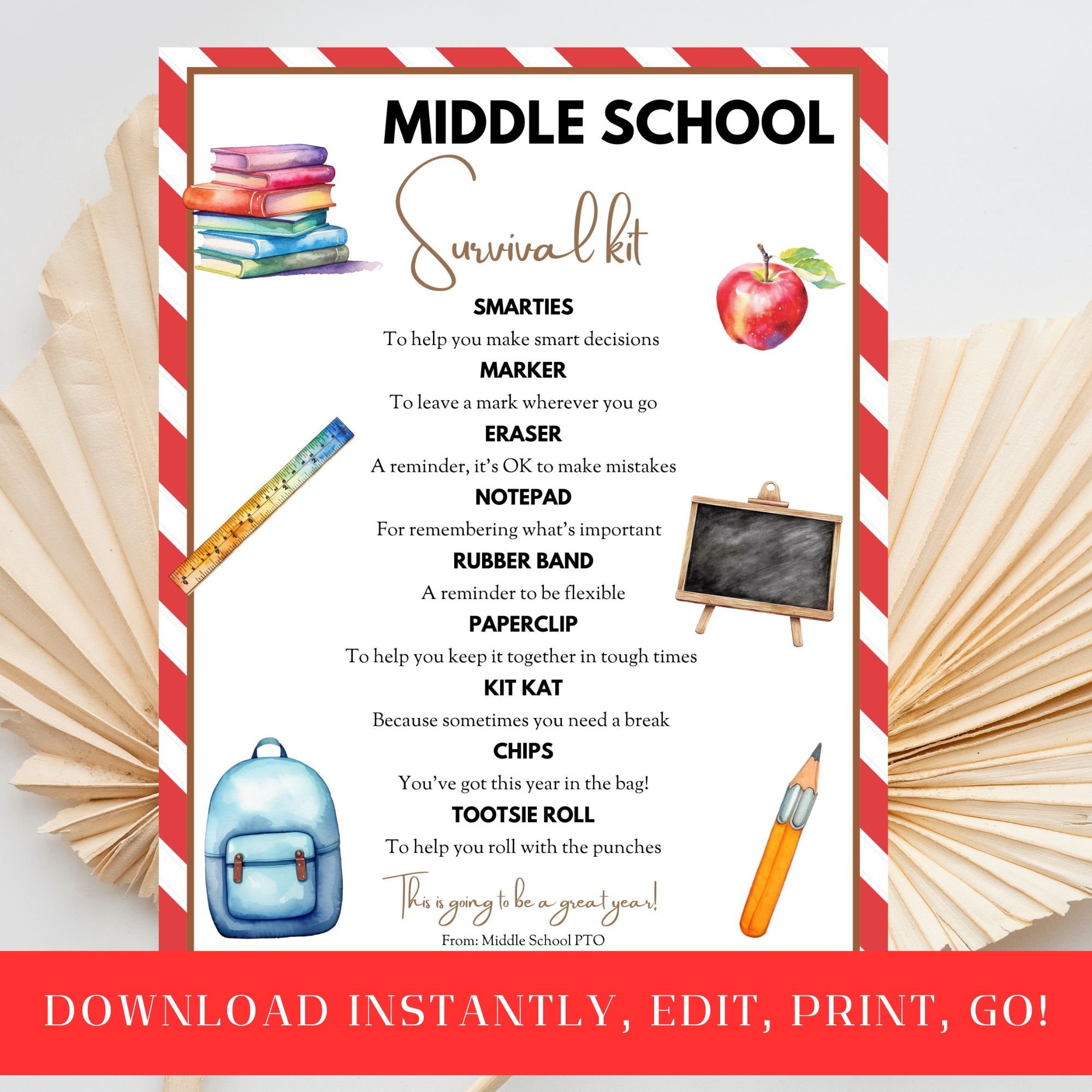Middle School Survival Kit Printable, Back to School, Teacher Gift, Back to School PTA, PTO Thank You Gift Idea, Editable, Good Luck Student