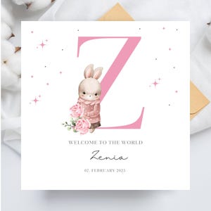 Carte personnalisée pour nouveau-né, carte lapin pour faire-part nouveau-né fille, nom initial Z Note, modèle modifiable sur toile, impression personnalisée