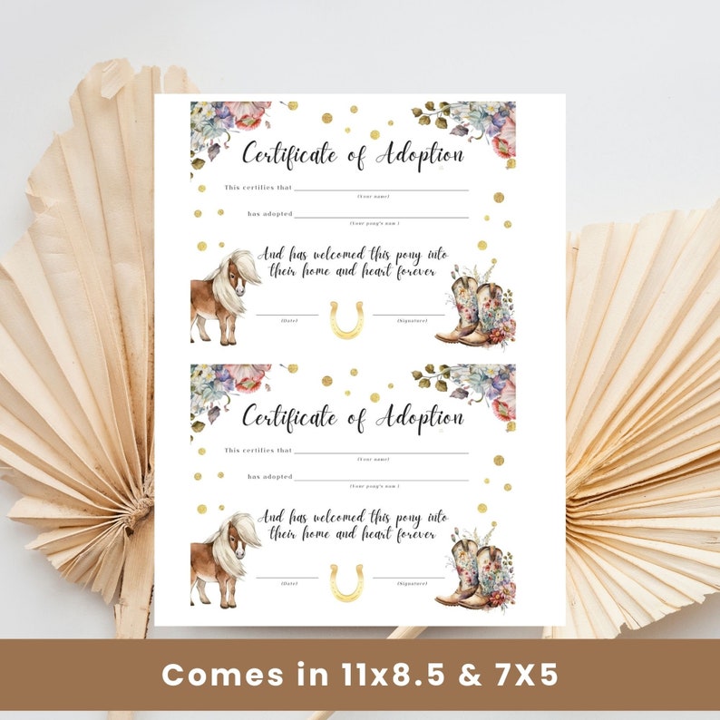 Adopt a Pony Certificate, Horse Adoption Diploma, Girl Birthday Party ...