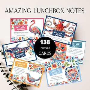 Notities lunchbox, kaarten lunchbox, afdrukbaar Terug naar school, educatieve en leuke weetjes voor kinderen en kinderen, lastminuteidee voor maaltijdbegroeting