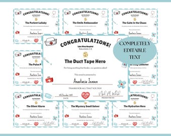 Editable Nursing Award Certificates, Quirky Funny Diplomas Gift, Funny Ceremony Superlatives, Staff Nurse Appreciation Week, Canva Template