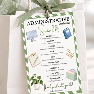 Afdrukbare survival kit voor administratief medewerkers, bedankcadeau voor medewerkers, bewerkbare bedanksjabloon voor kantoorpersoneel