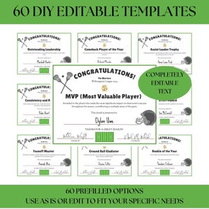 Lacrosse-Preis Urkunden, Zeremonie Spieler Geschenk, Sport Zertifikat, Bankett zum Saisonende, Team Party Printables, bearbeitbare Canva Vorlage