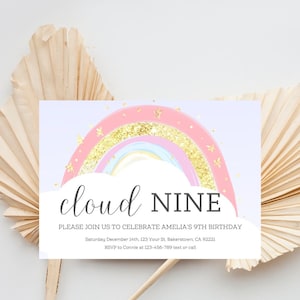 On Cloud 9 Birthday Invitation for Girls, Cloud Nine Pastel Gold Rainbow Clouds Invite Template, Ninth Birthday, Instant Download, Editable