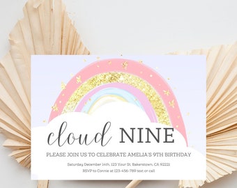 Cloud Nine Birthday Invitation: Pastel Rainbow, Gold Glitter (Editable, Instant Download)