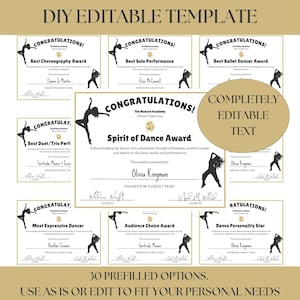 Dance Team Award Urkunde, Preisverleihung, Bankett zum Saisonende, Dancing Team Party Printables, bearbeitbare Canva Vorlage, Akademie-Truppe