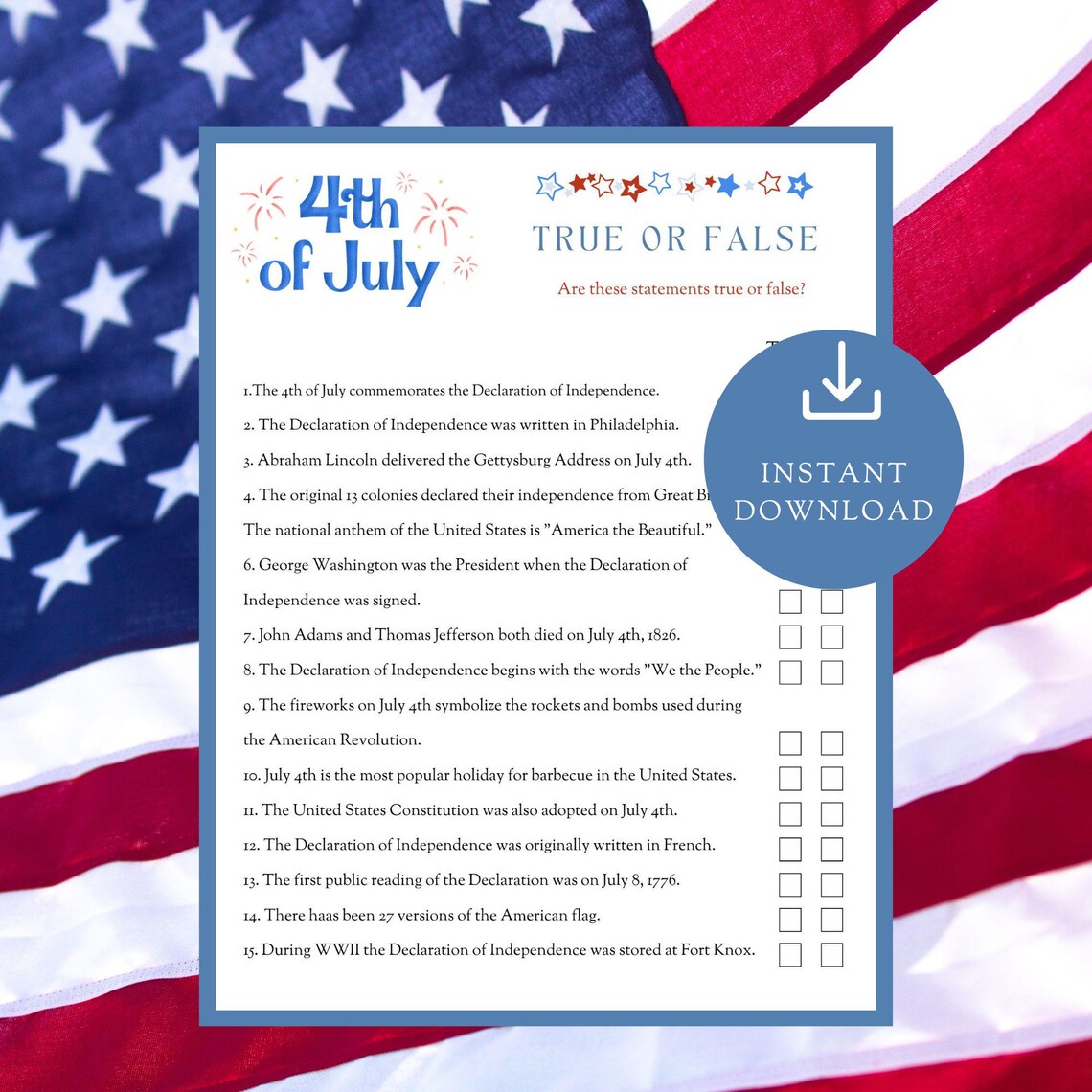 4th of July Trivia Game: USA History, Fun for All Ages (PDF ...