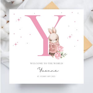 Personalisierte neue Babykarte, Kaninchen-Häschenkarte für Neugeborenen-Babyankündigung, Name Initial Y Note, bearbeitbare Vorlage Canva, Custom Print