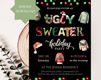 May include: A black and white invitation for an Ugly Sweater Holiday Party on December 20th at 6 o'clock in the evening. The invitation features a festive design with colorful Christmas lights, a Santa hat, and several ugly sweaters. The text reads "Please join us for an Ugly Sweater Holiday Party, Dec 20, Saturday, 6 o'clock in the evening, At the Jensen Residence, 1234 Anywhere Street, Anywhere City, RSVP by Nov 20th at 123.456.7890 Call or Text."
