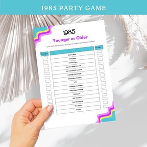 May include: A printable party game with a blue, yellow, and pink background. The game is called "Younger or Older" and asks players to guess if items on the list were invented before or after 1985. The list includes items like Post-it Notes, Camcorders, Rubik's Cube, the first web browser, the Hepatitis B vaccine, Cabbage Patch Kids, Disposable Cameras, MTV, Nintendo Gameboy, DNA Fingerprinting, Starbucks, MRI Machines, Text Messaging, DVDs, and Prozac.