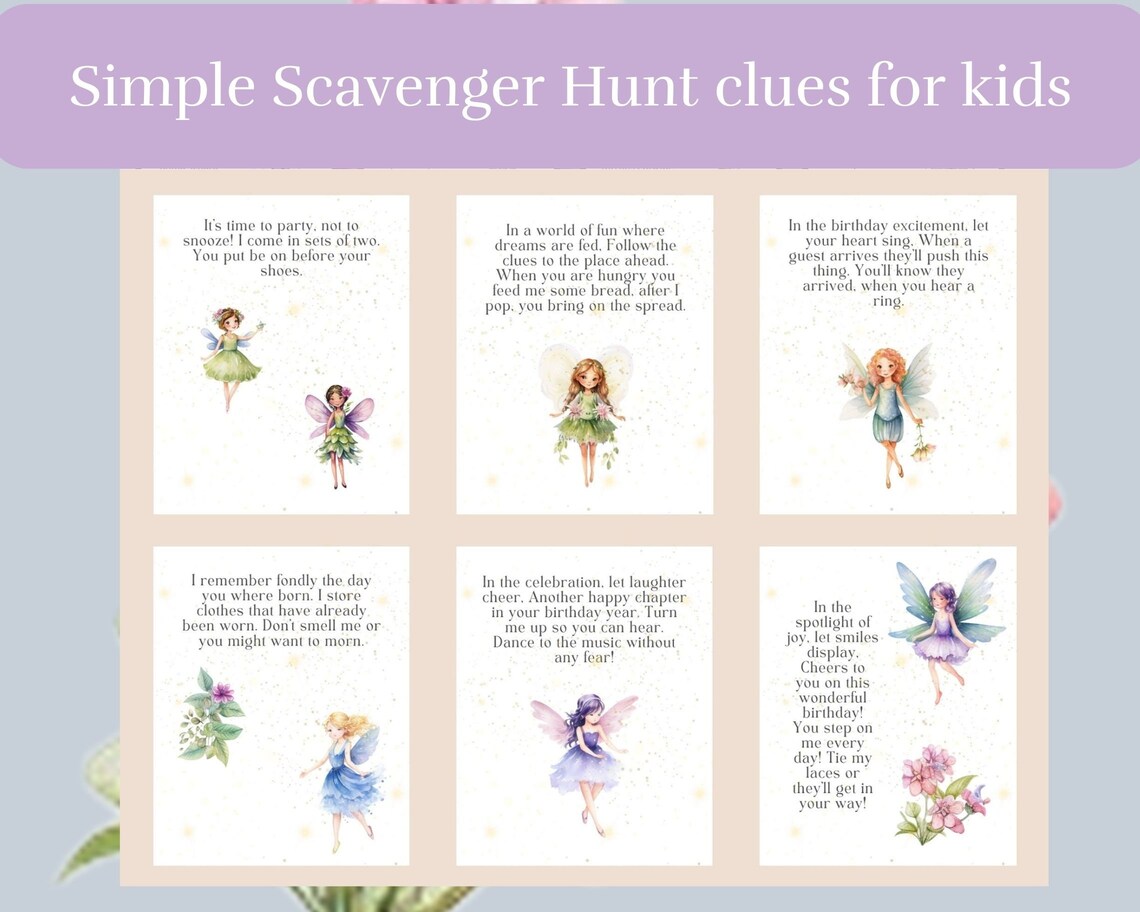 Fairy Birthday Scavenger Hunt Game: Printable Treasure Clues (instant ...