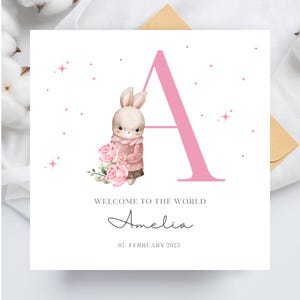 Personalisierte neue Babykarte, Kaninchen-Häschenkarte für Neugeborenen-Babyankündigung, Name Initial A-Note, bearbeitbare Vorlage Canva, benutzerdefinierter Druck