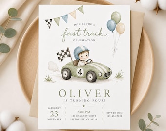 Watercolor Race Car 4th Birthday Invitation, Editable Vintage Car Party, Canva Template