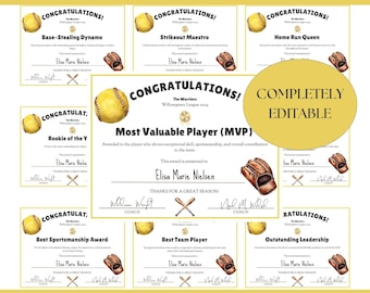 Editable Softball Award Certificates: Team Banquet Printables (Canva Template)