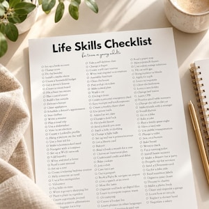 May include: A white paper Life Skills Checklist for teens or young adults with black text. The document features three columns of tasks with circular checkboxes, including items like set up a bank account, change a tire, and host a potluck dinner.