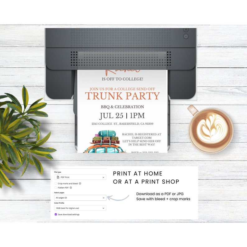 May include: Printable invitation for a trunk party to celebrate someone going off to college. The invitation features a cartoon illustration of a car packed with luggage and the text "IS OFF TO COLLEGE!" in orange. The invitation also includes the date and time of the party, the address, and the name of the person who is going to college. The text "PRINT AT HOME OR AT A PRINT SHOP" is also included.