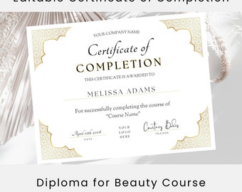 Editable Makeup Class Certificate of Completion: Beauty Course Diploma (Canva Template)