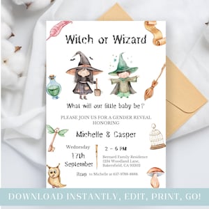 Witch or Wizard Gender Reveal Invitation: Editable Magic Theme (Digital Download)