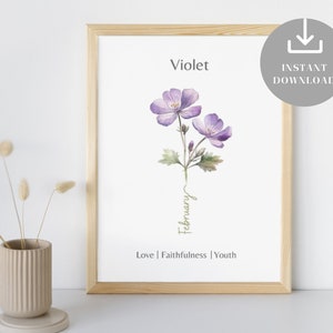 Februar Geburtsmonat Blume druckbare Wandkunst, Violet Bedeutung, Aquarell Minimale Kinderzimmerdeko, Geburtstag Geschenkidee, Baby Shower Geschenk