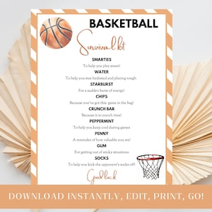 Survival Kit Basketball zum Ausdrucken, Viel Glück Geschenkkorb Idee, bearbeitbare Vorlage, Spieler Wertschätzung Taschenanhänger, Team Kinder Trainer, Sportspiel