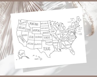 Karte von USA mit Namen zum ausdrucken, USA Bucket List, 50 Staaten Reise Checkliste, Journal Malseite für Kinder, Tracker, Amerika