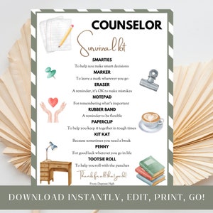 Kit de supervivencia para consejeros, imprimible, PTA de regreso a la escuela, idea de regalo de agradecimiento, editable, bolsa de regalos de agradecimiento, cesta para consejeros