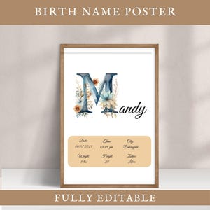 Póster con nombre personalizado editable, letra M, decoración de guardería, letrero, impresión de estadísticas de nacimiento de niña y niño, arte de pared para habitación de niños, idea de regalo para baby shower