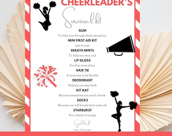 May include: A printable checklist titled "Cheerleader's Survival Kit" with a red and white striped background. The checklist includes items like gum, breath mints, lip gloss, hair tie, deodorant, kit kat, socks, and starburst. The text "Good luck! Love, Your coach" is at the bottom of the checklist.