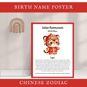 Poster du nom de naissance, Nouvel an chinois, Description du signe du zodiaque pour enfants, Art mural pour chambre d'enfant, Décoration de chambre d'enfant, Modifiable, Année du tigre